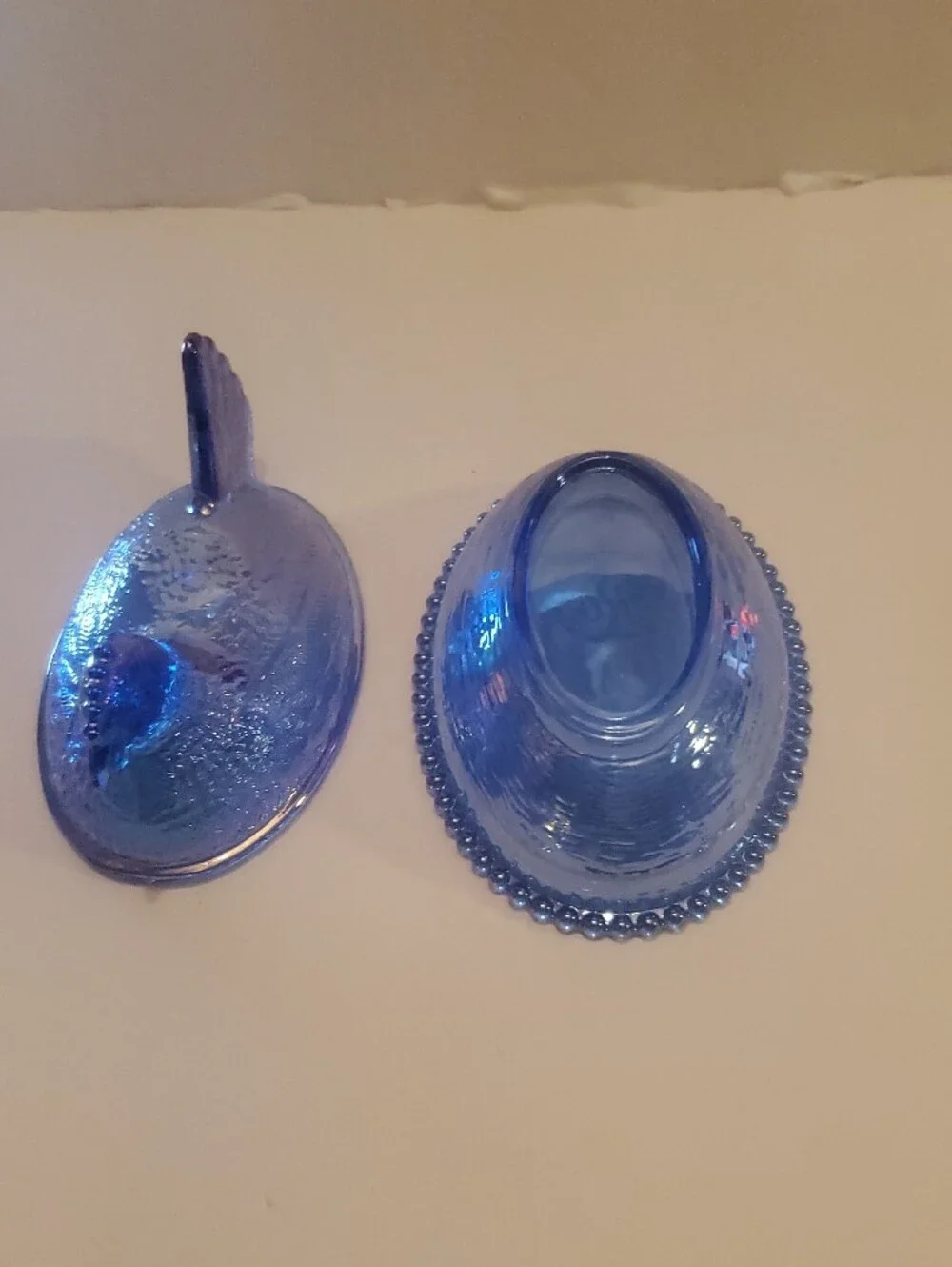 Rose's Closet Blue Carnival Glass Hen On Nest